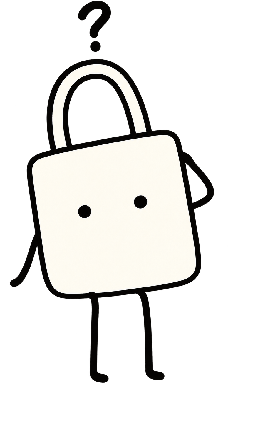 Shopping bag character sitting on top of the shopping list